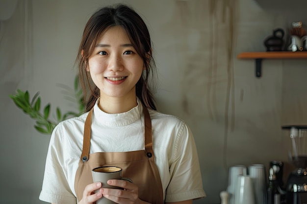 Photo cheerful asian barista holding a cup of coffee and smiling at the camera