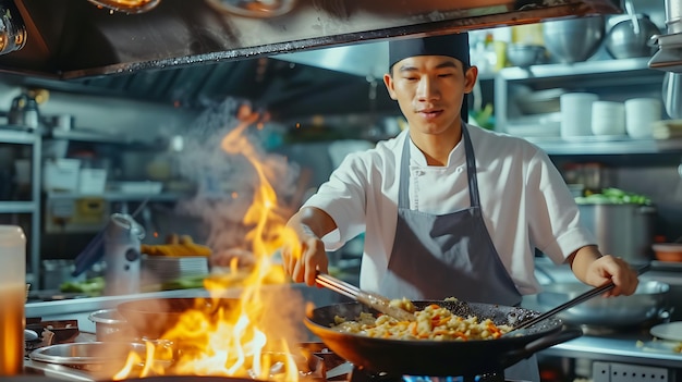 Foto un cuoco allegro che cucina yakisoba in un grande wok