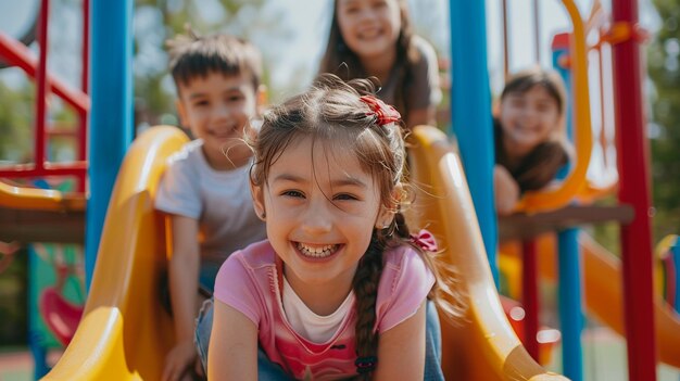 Cheerful Kids Playing on Playground Slide