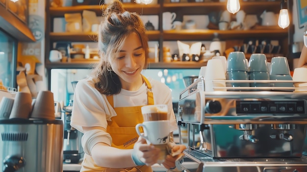 Cheerful young woman making coffee in a coffee shop She is smiling and holding a cup of coffee