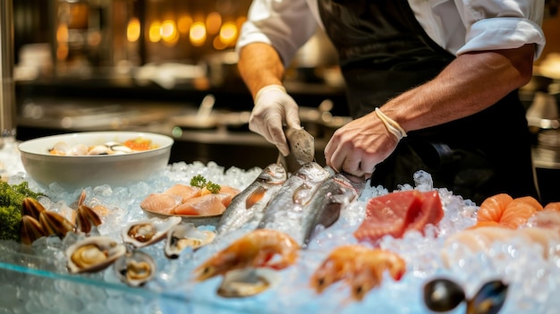 Foto un cuoco che prepara un piatto di frutti di mare con pesce fresco e molluschi sul ghiaccio