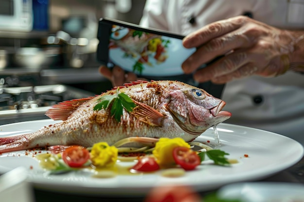 Foto chef che scatta una foto di un pesce con lo smartphone in un primo piano nella cucina di un ristorante