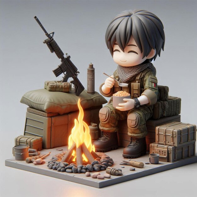 Photo chibi soldier sitting by campfire eating rations