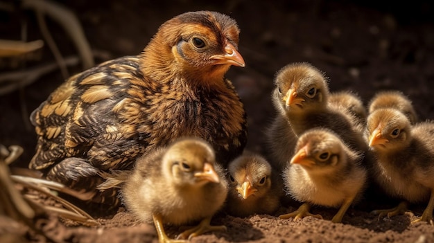 A chicken with her chickens in a barn