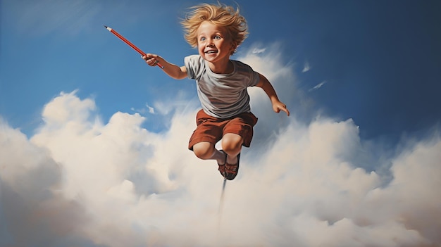 Child flying on a pencil