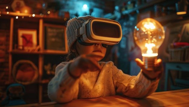 Child in VR Headset Holds a Light Bulb Innovation and Imagination