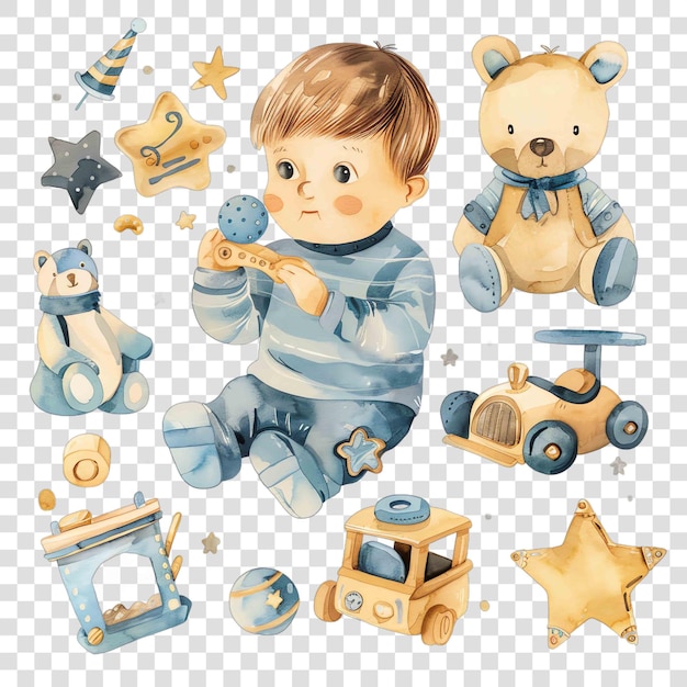 children education set with toys and boy for baby nursery watercolor illustration