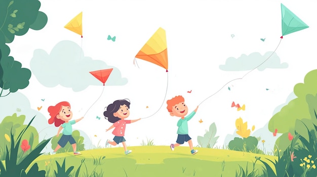 Children Laughing and Flying Colorful Kites in a Beautiful Meadow Illustration