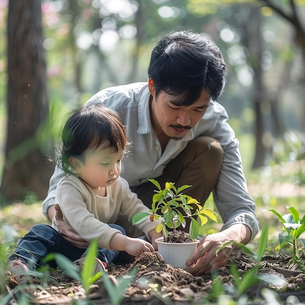 Photo children planting small tree in sunset concept save earth