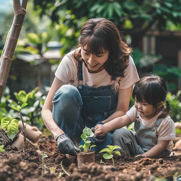 Photo children planting small tree in sunset concept save earth