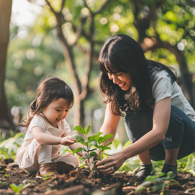 Foto bambini che piantano piccoli alberi nel concetto del tramonto per salvare la terra