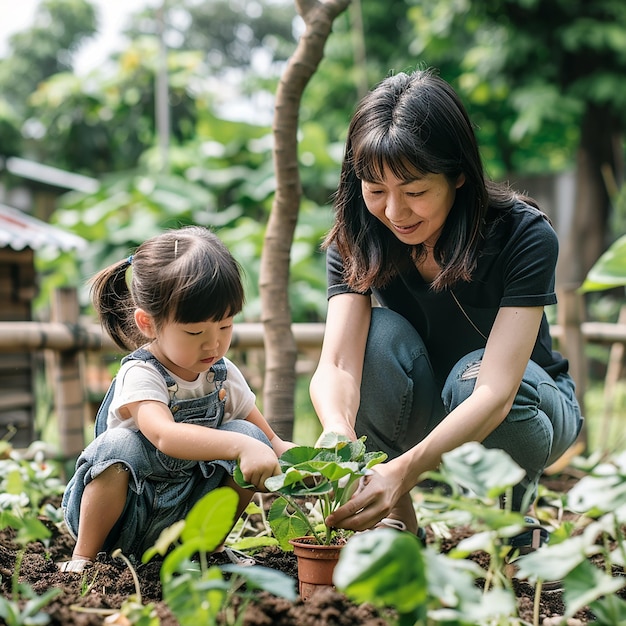 Photo children planting small tree in sunset concept save earth