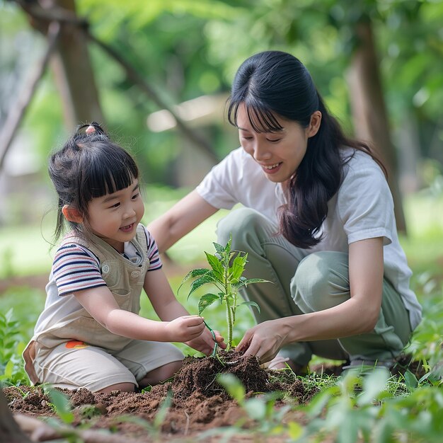 Photo children planting small tree in sunset concept save earth