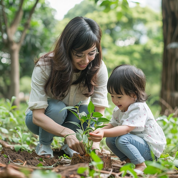 Photo children planting small tree in sunset concept save earth