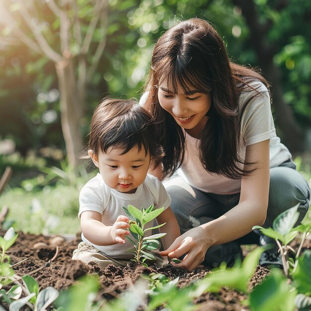 Foto bambini che piantano piccoli alberi nel concetto del tramonto per salvare la terra