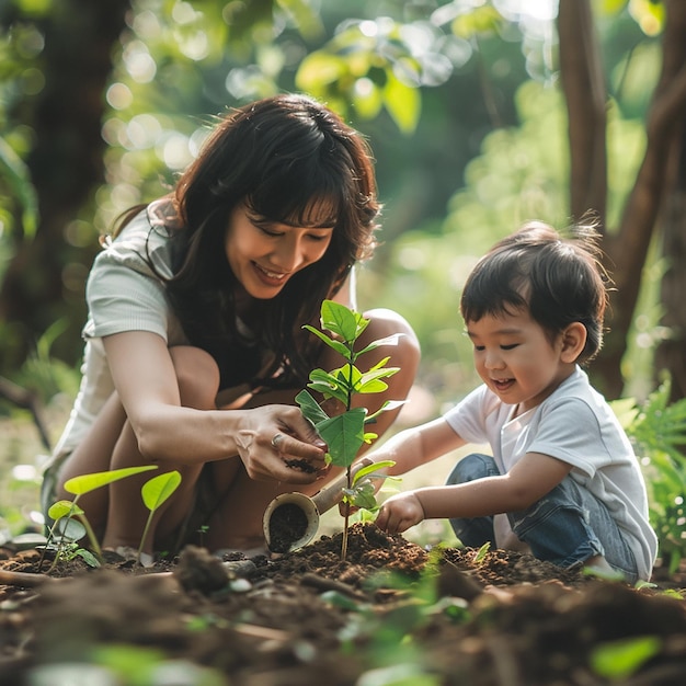 Photo children planting small tree in sunset concept save earth