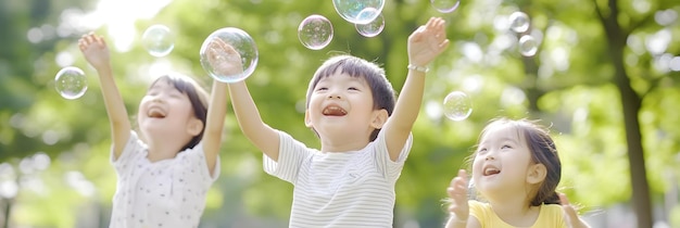 Photo children playing with bubbles in a park