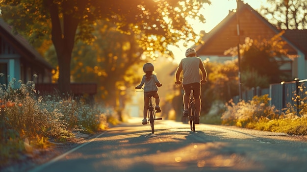 Children ride bicycles with their parents