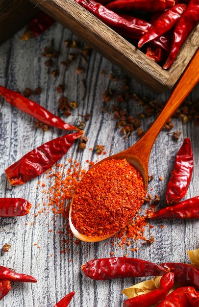 Chili powder in wooden spoon and dry pepper on grey wooden table