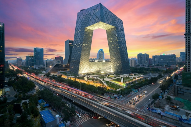 Photo china beijing city. china central television (cctv) building night is very spectacular in beijing, china.