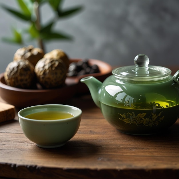 Photo chinese clay teapot with green tea