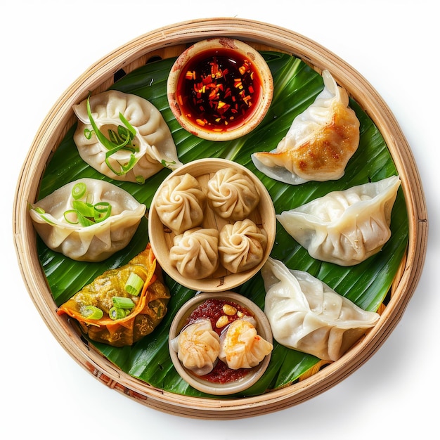 중국 Dim Sum Set 다양한 Gyoza Jiaozi 또는 바나나 잎에 Momo 매운 소스  뷰