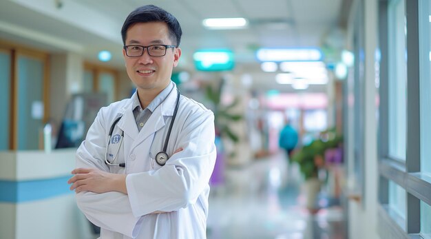 Photo a chinese doctor wearing glasses and a white coat stands in the hospital smiling