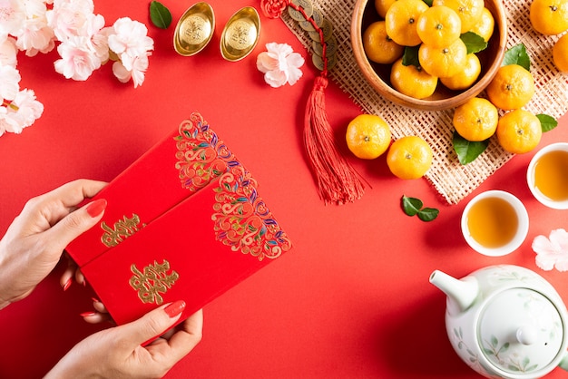 Photo chinese new year festival decorations red background.