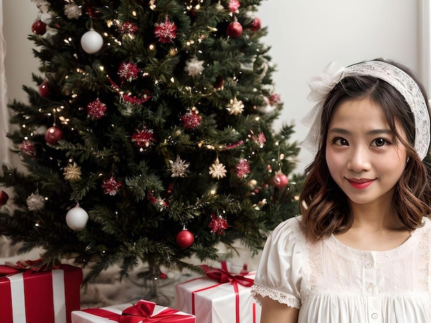 chirstmas tree and beautiful girl ai generative