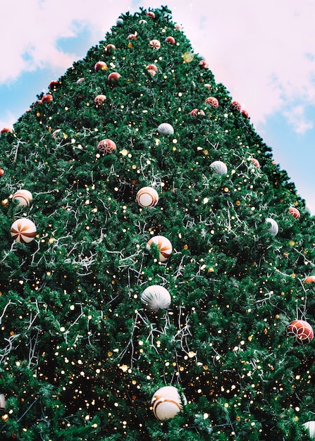 Chrismast tree with decoration and ornament, vertical, vintage color tone.