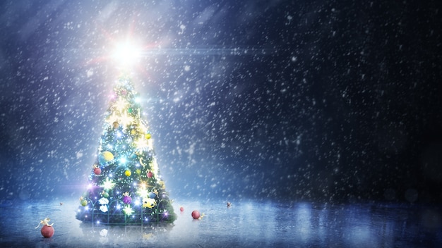 Christmas background. Beautiful decorated luminous Christmas tree. Copy space.