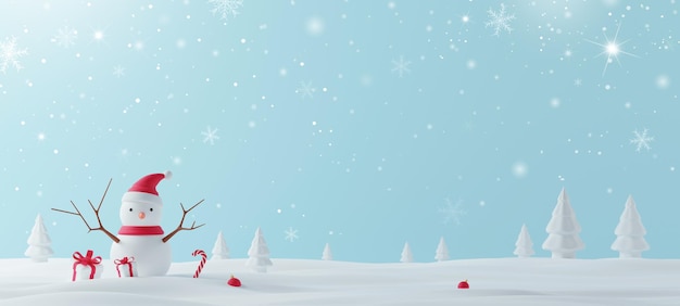 Christmas banner design of snowman and gift box on snowdrift in the winter 3D render