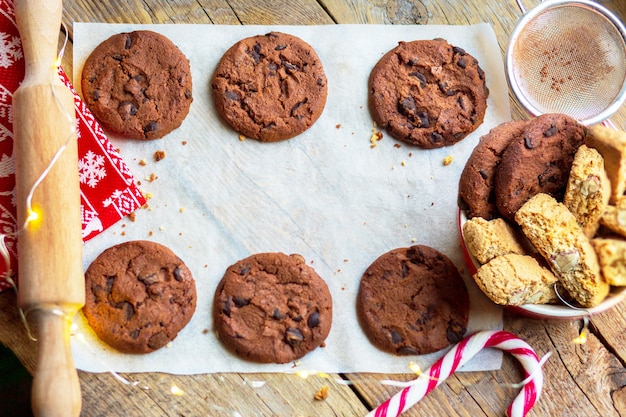 Christmas chocolate chip cookies with chocolate dropsNew year with chocolateChristmas postcard