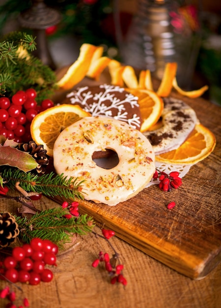 Christmas decoration with cookies on an old wooden background