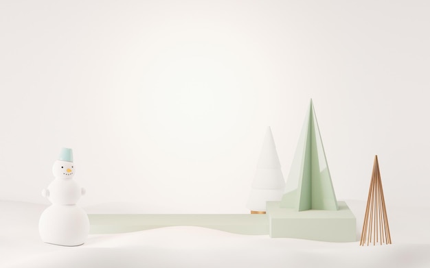 Christmas decoration with gifts and pine trees podium White pastel blue background 3D render