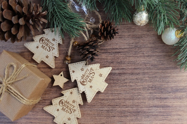 Christmas elements on wooden background