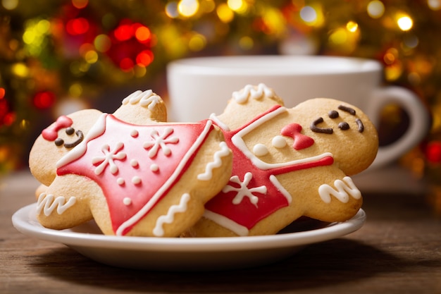 Christmas food.  Homemade gingerbread cookies and cup of coffee on a wooden table