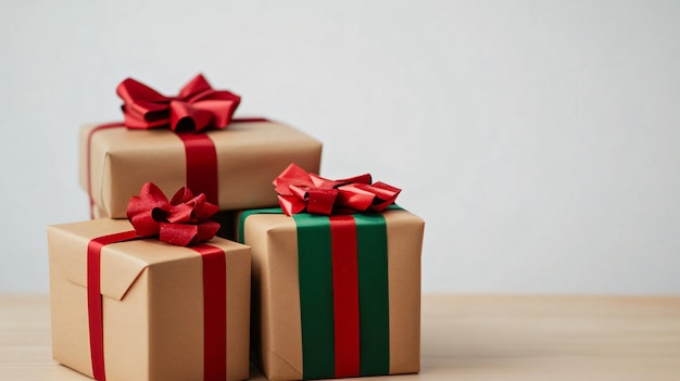 Christmas Gift Boxes on Wooden Table Isolated on White Background