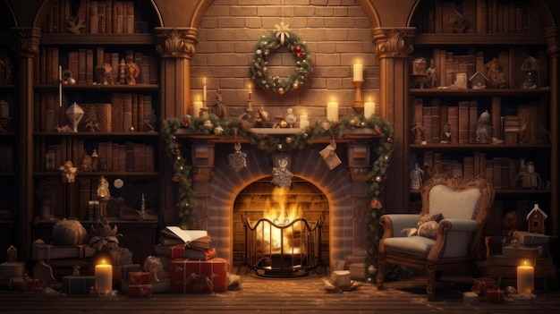 Christmas interior with fireplace and Christmas decorations Vintage style