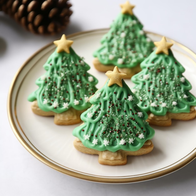 Christmas Tree Shaped Oatmeal Cookies With Green Frosting