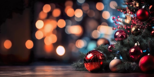 Christmas Tree with Decoration red balls and lights In abstract defocused background Bokeh garlands in the background New Year concept Generate Ai