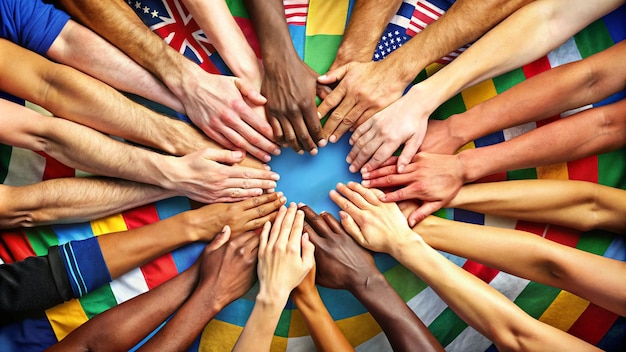 Photo a circle of people with their hands in a circle with the flag in the background