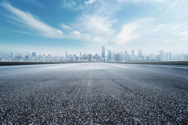 A city skyline is visible in the background of a large empty road