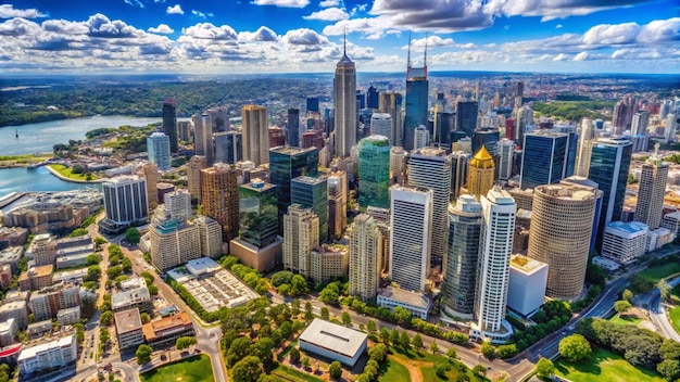 Photo a city skyline with a green tree in the middle