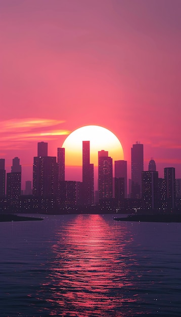 Photo a city skyline with a sun setting behind it