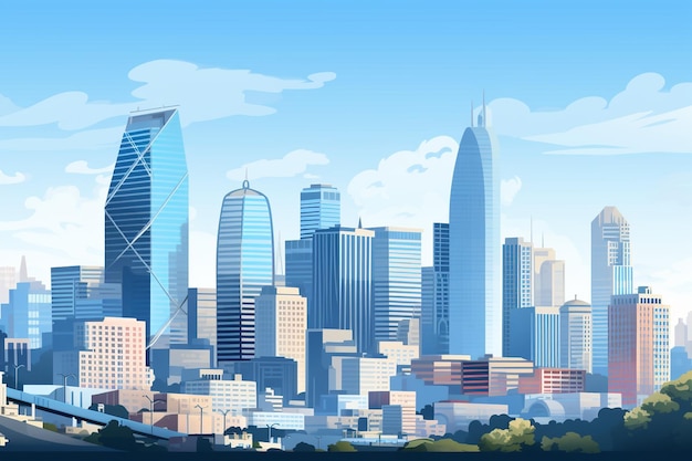 A city skyline with tall buildings and a clear blue sky