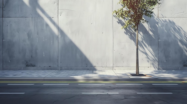 Photo city street with a tree by the sidewalk the concrete wall in the background is covered with shadows from the tree