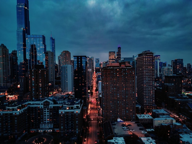 Cityscape aerial view of Chicago from observation deck at sunset