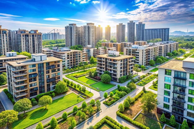 Photo cityscape of a residential area with modern apartment buildings new green urban landscape in the city