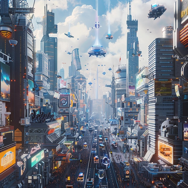 Cityscape with flying cars and robotic citizens